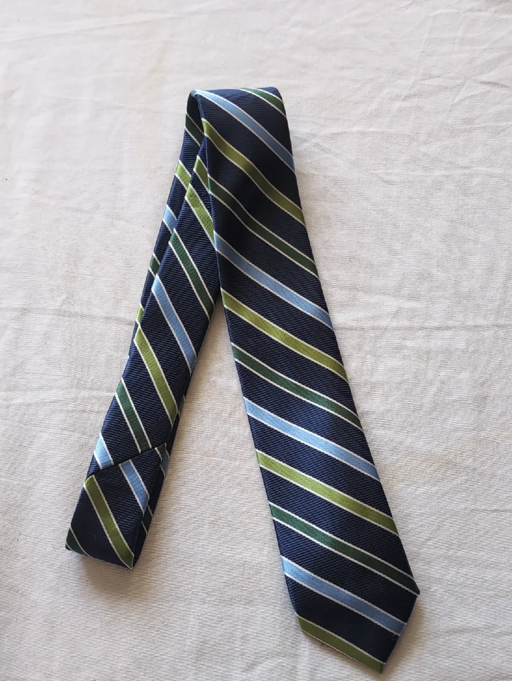 Chaps Kids Navy Tie with Light Blue and Olive Green Stripes